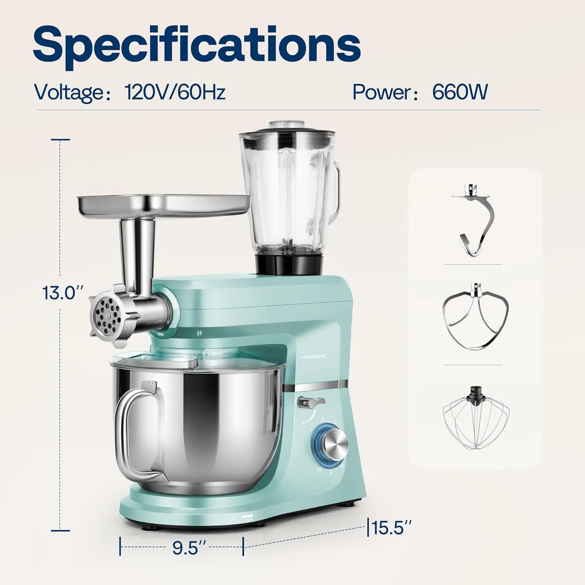 SPECSTAR 6 in 1 Multifunctional Stand Mixer with 8.5 Quart Stainless Steel Bowl, 660W 10 Speed Tilt-Head, Silver