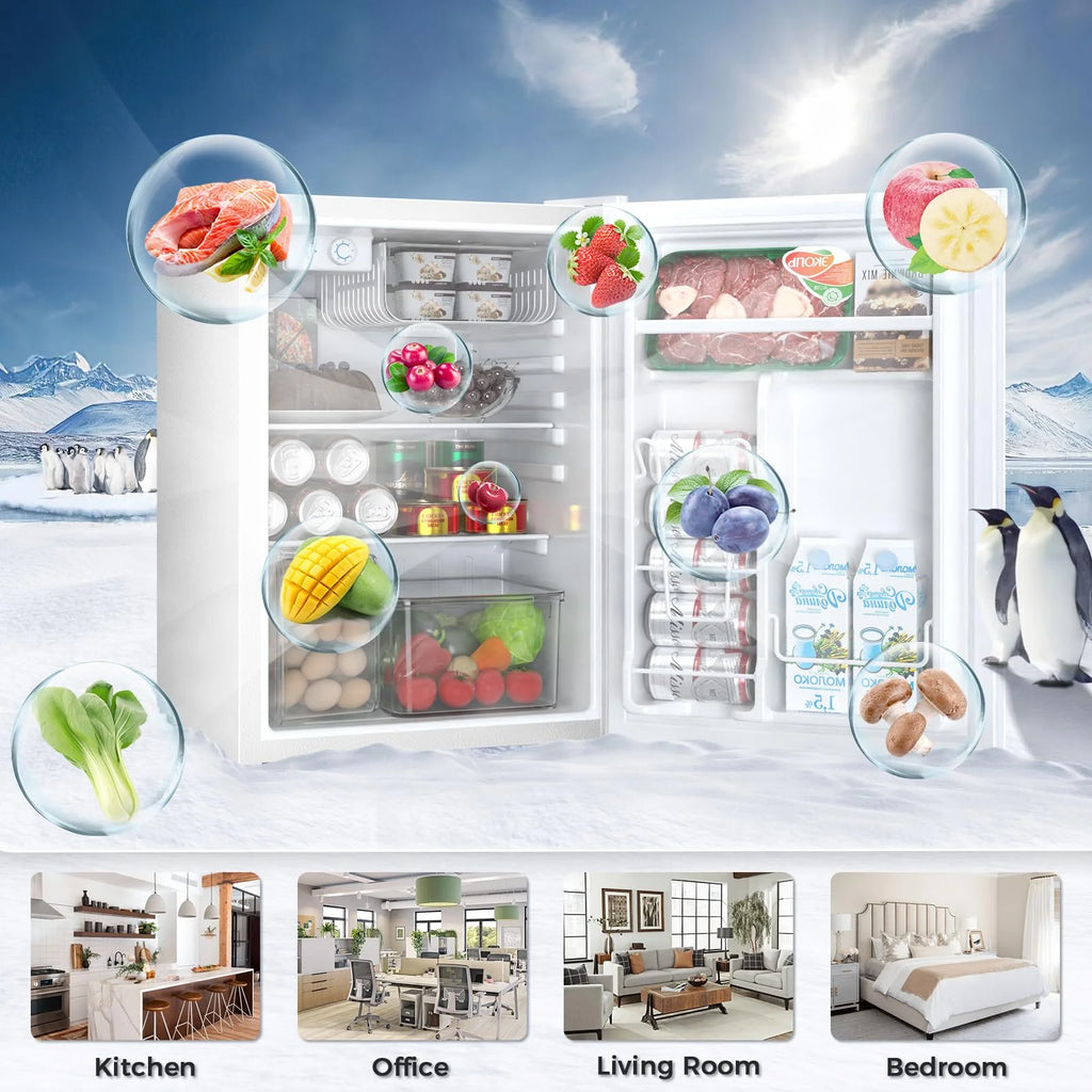 FREE VILLAGE 3.2 Cu.Ft. Mini Fridge with Freezer, Small Refrigerators with Adjustable Thermostat, Low Noise, Energy Saving, Compact Refrigerators for College Dorm, Office, Bedroom, Apartment, White