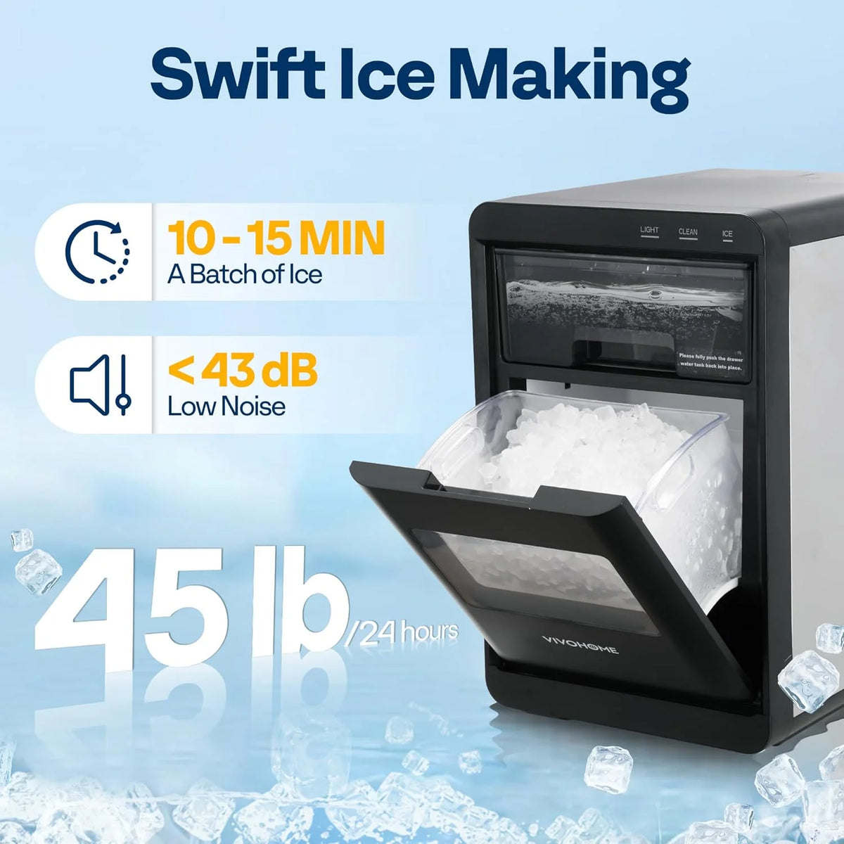SPECSTAR Nugget Ice Maker Countertop, 45lbs/Day Pebble Ice Maker Machine, Soft Chewable Pellet Ice Machine with Self-Cleaning, Scoop, 10 Ice Bags, for Home Kitchen, RV, Camping, Office