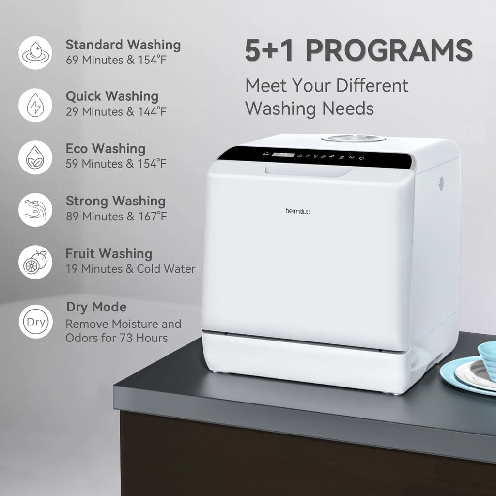 Hermitlux Portable Countertop Dishwasher, 5 Washing Programs, 5L Built-in Water Tank and Air-Dry Function, HMX-DW03