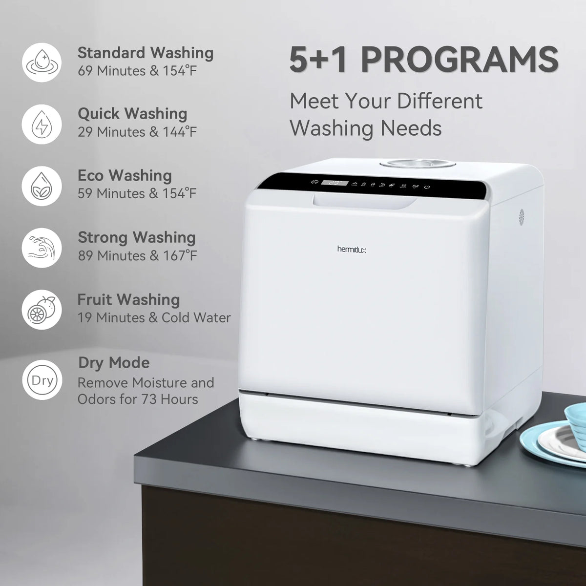 Hermitlux Portable Countertop Dishwasher, 5 Washing Programs, 5L Built-in Water Tank and Air-Dry Function, HMX-DW03