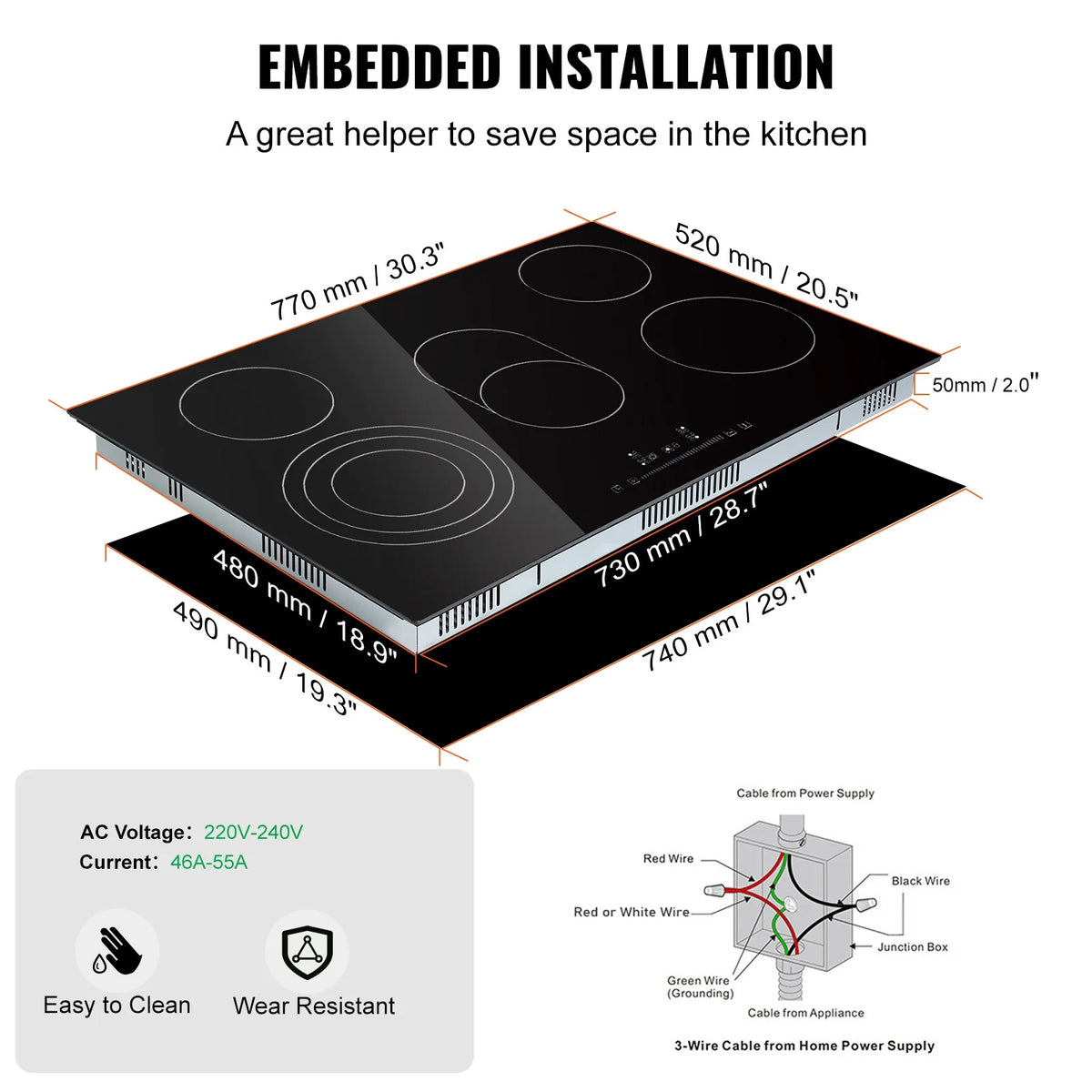 KFFKFF 8600W Electric Ceramic Cooktop, 30" 5 Burners Built-in Countertop Burners Cooker Touch Control, Overheat Protection, Child Lock, 9 Power Levels, 220-240V (NO Plug)