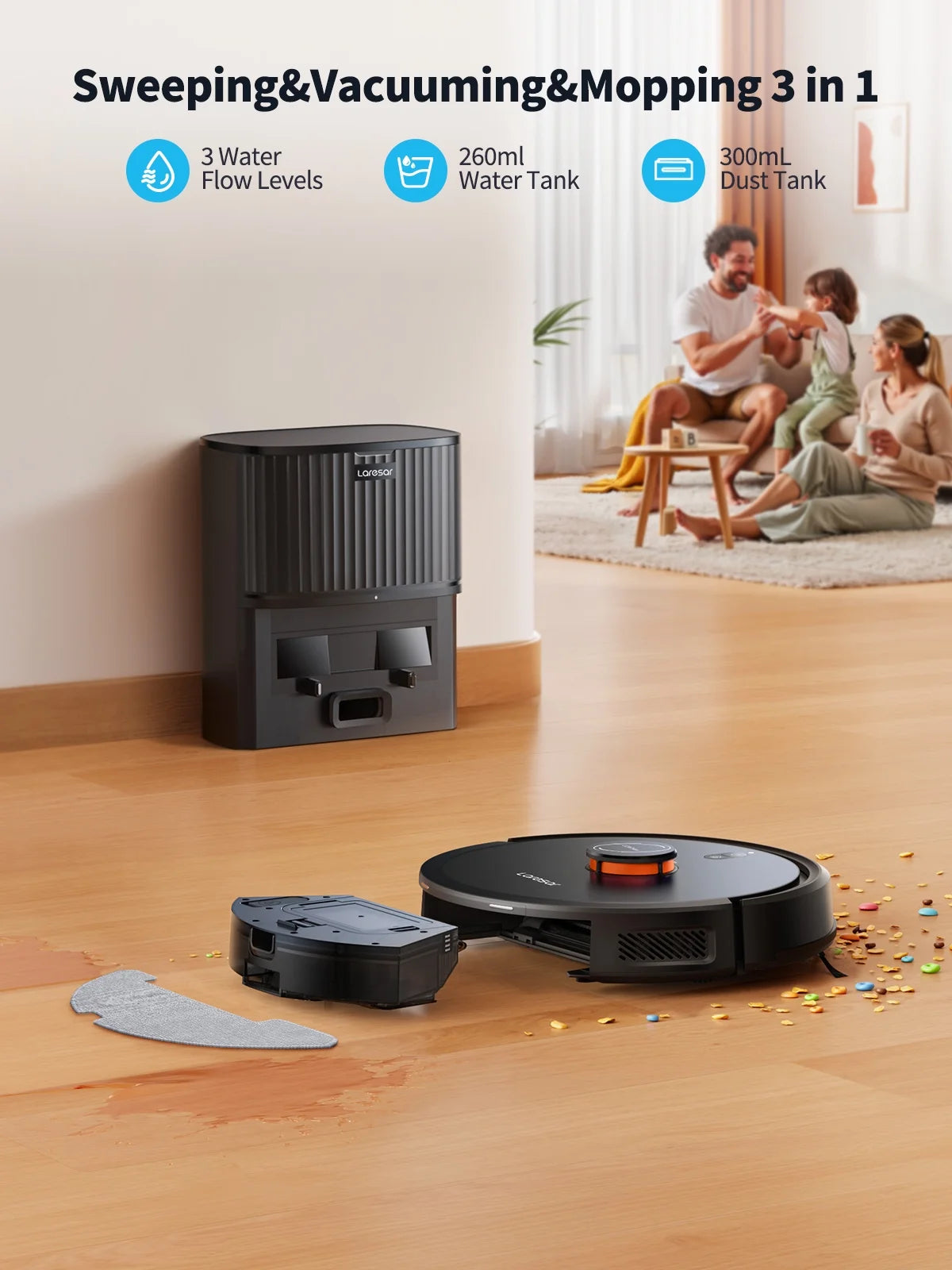 Laresar L20+ Self Emptying Robot Vacuum and Mop Combo, 5000Pa LDS Laser Navigation Auto-Empty Dustbin, 150min Runtime Smart Mapping 3-in-1 Sweep Mop Vacuum for Hard Floor/Carpet