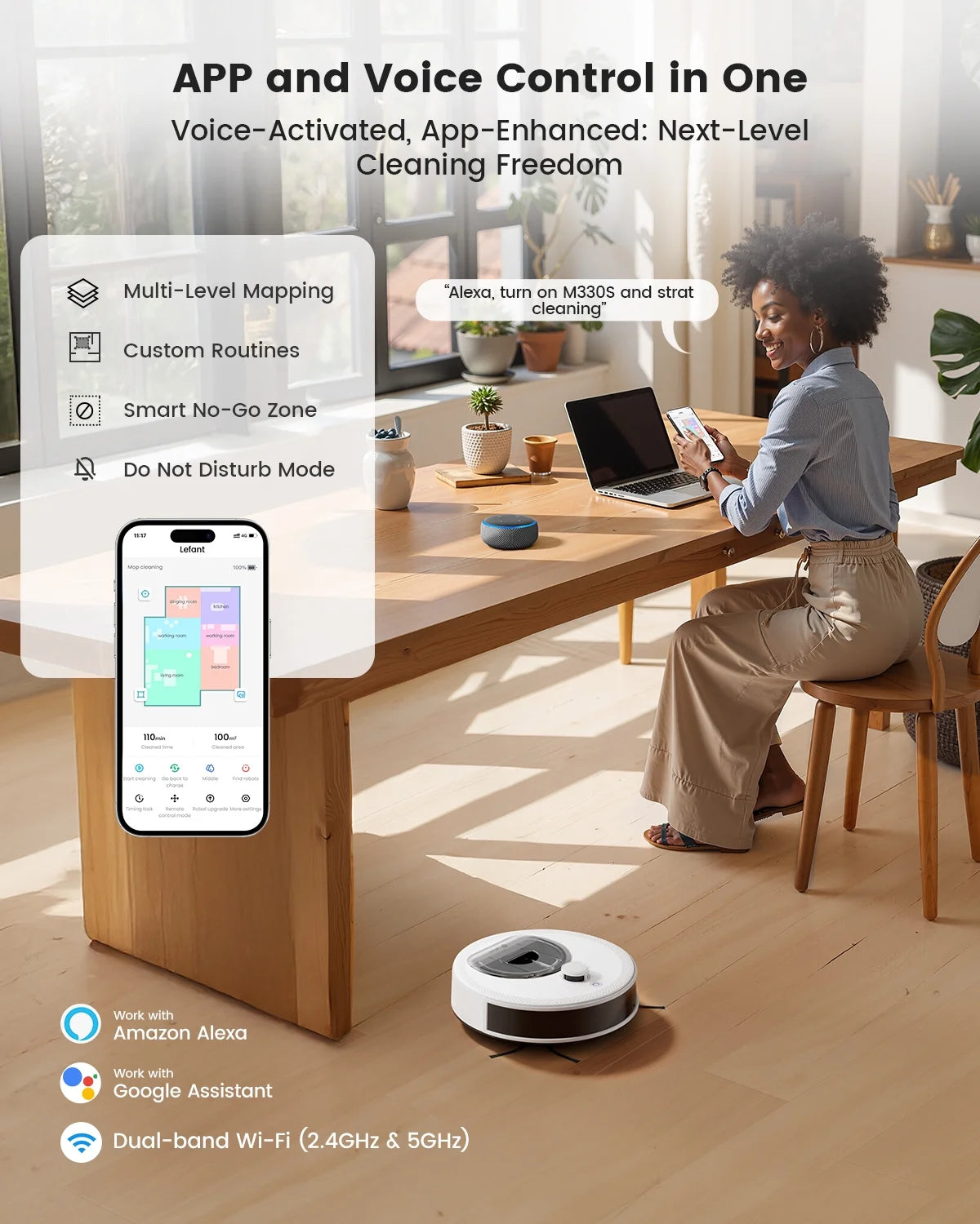 Lefant M330 LiDAR Navigation Robot Vacuum and Mop, 450ml Visible Dustbin, 190?�� PSD Obstacle Avoidance, Multi-Level Mapping, Robot Vacuum Cleaner for Hardwood Carpets Pet Hair