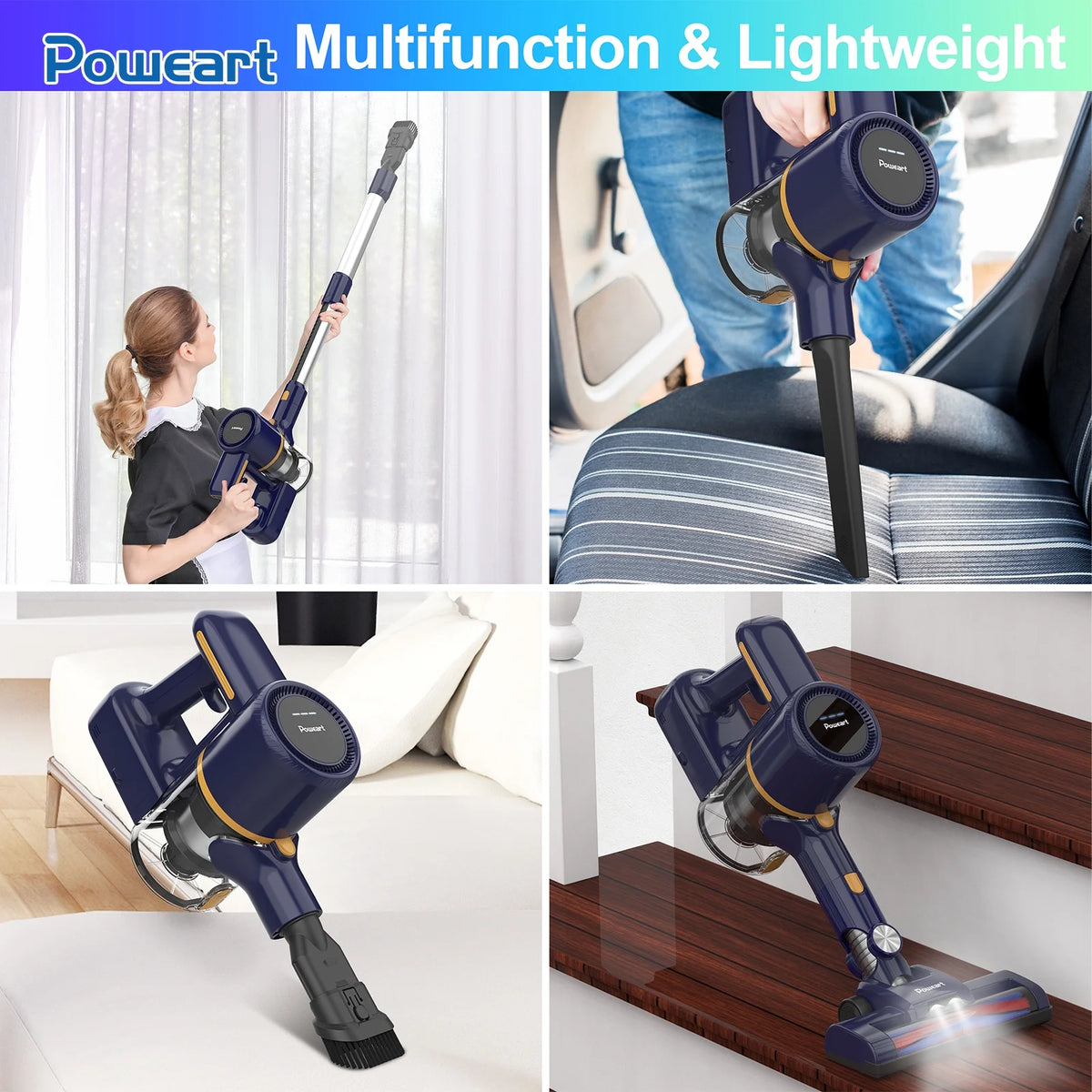 POWEART Lightweight Cordless Vacuum Cleaner 30kPa 55min Runtime, Cordless handheld Vacuum Cleaner for Carpet Floor,Hard Floor and Pet Hair