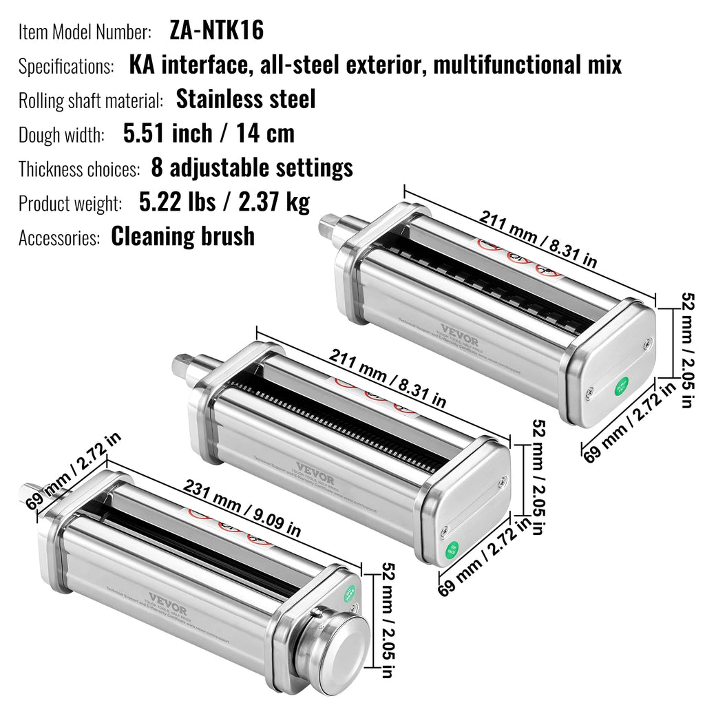 KFFKFF Pasta Maker Attachment for All Kitchenaid Mixers, Kitchen Aid Stand Mixer Set Accessories with 3 Shafts Including Dough Roller Spaghetti Cutter Fettuccine