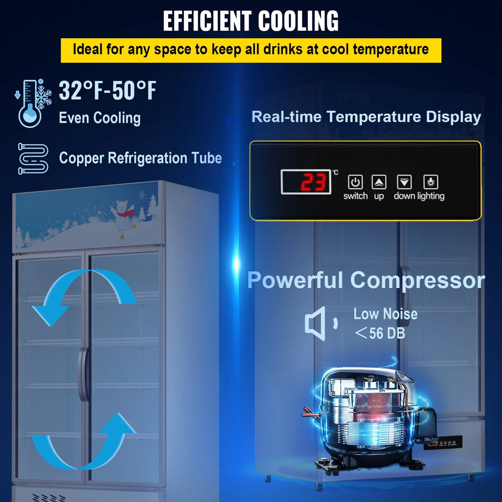 KFFKFF 23 cu.ft. 2Glass Door Commercial Refrigerator Commercial Refrigerator with Illuminated LED Upright Drink Chiller ( Dual Swinging Door)