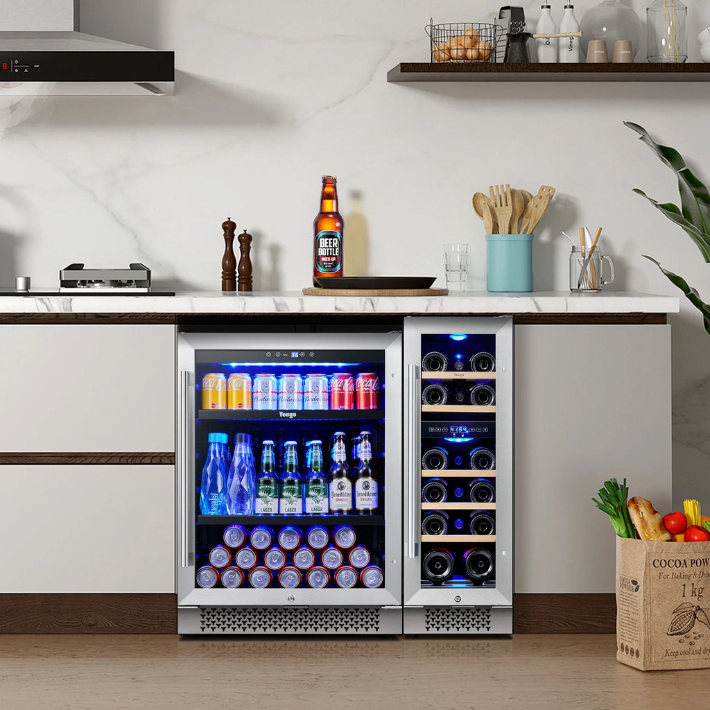 Yeego 30" Wine and Beverage Refrigerator,Two 15" Wine and Beverage Cooler Under Counter or Freestanding, Hold 33 Bottles and 80 Cans(Two Pack)