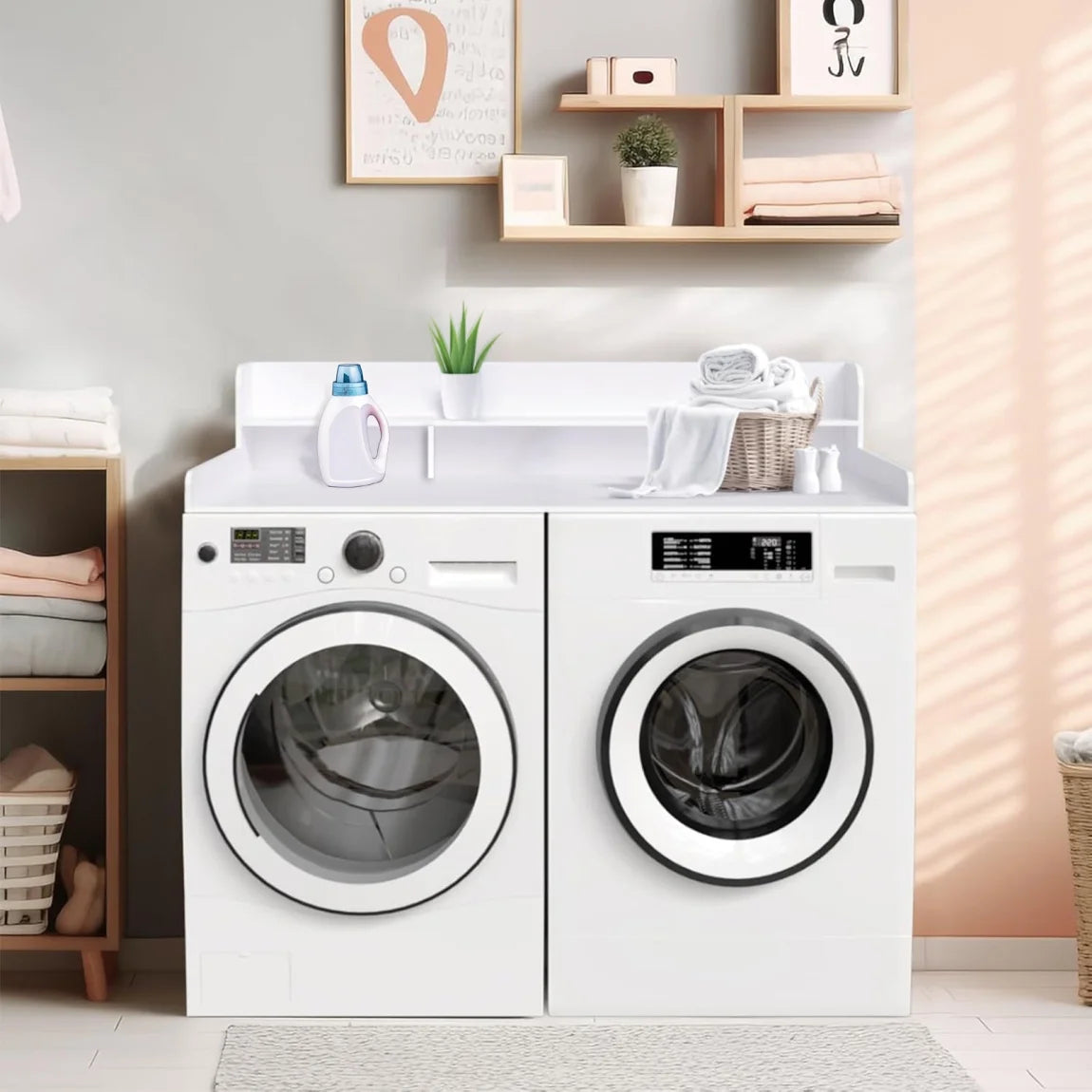 Wood 2-Tier Washer Dryer Countertop with 2.75" H Guard Rails, 54" W x 27.5" D Washer Dryer Topper with Non-Slip Pads for Laundry Room Organization and Storage, White