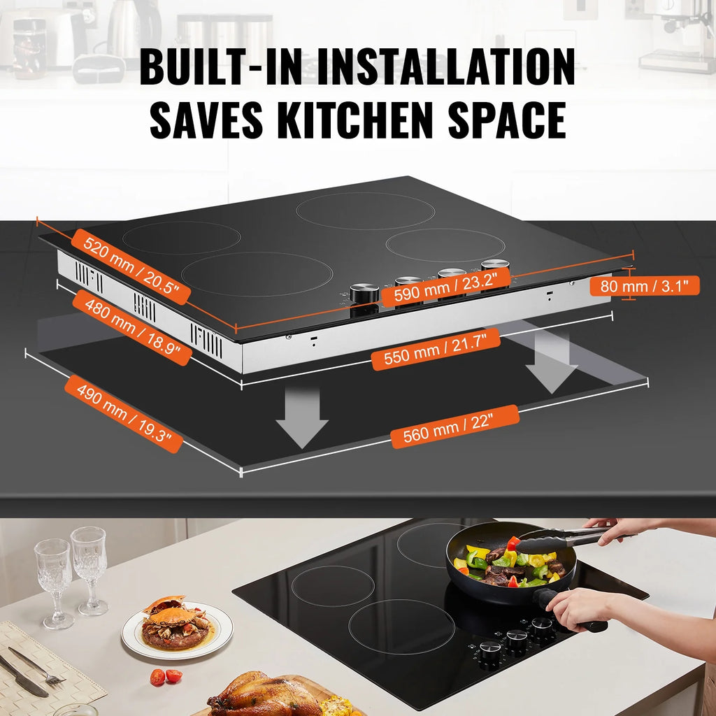 KFFKFF 24" Electric Cooktop, Electric Range, 4 Burner Built-in Ceramic Cooktop with 11 Power Levels, Knob Control, 6000W Ceramic Surface, Glass Panel, Dial Controls, 220-240V, Direct Wiring Required