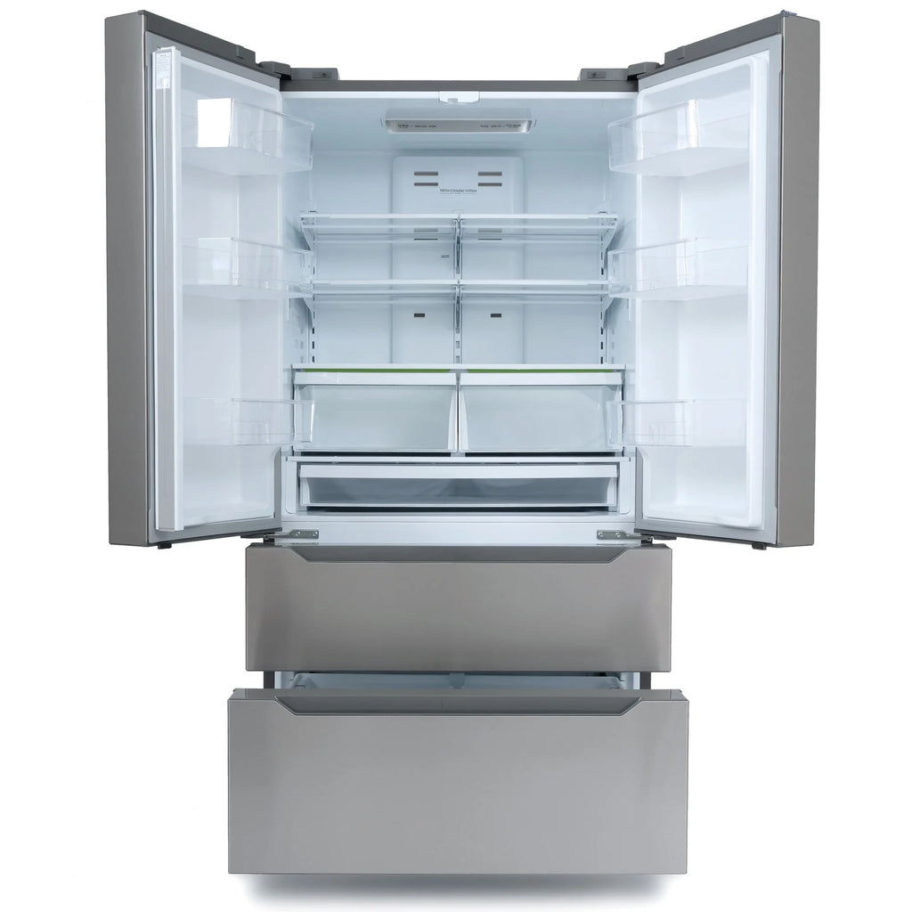 Cosmo 4 Piece Kitchen Appliance Packages with 36" Freestanding 220/240V Dual Fuel Range 36" Island Range Hood 24" Built-in Integrated Dishwasher & French Door Refrigerator Kitchen Appliance Bundles