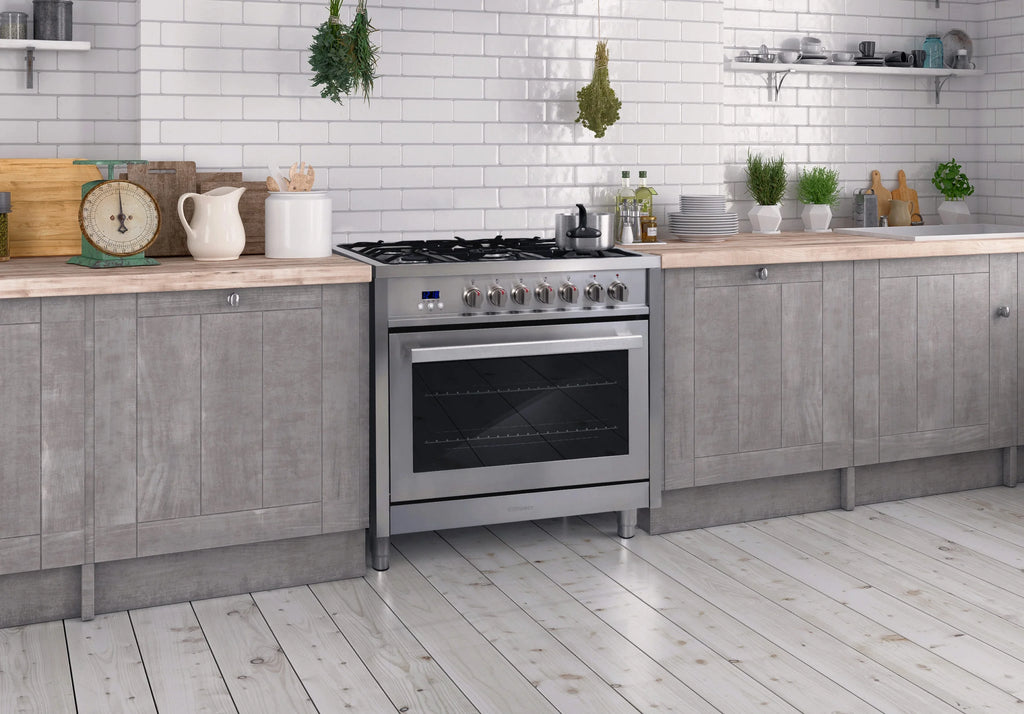 Cosmo 4 Piece Kitchen Appliance Package with 36" Freestanding Dual Fuel Range 36" Island Range Hood 24" Built-in Integrated Dishwasher & French Door Refrigerator Kitchen Appliance Bundles
