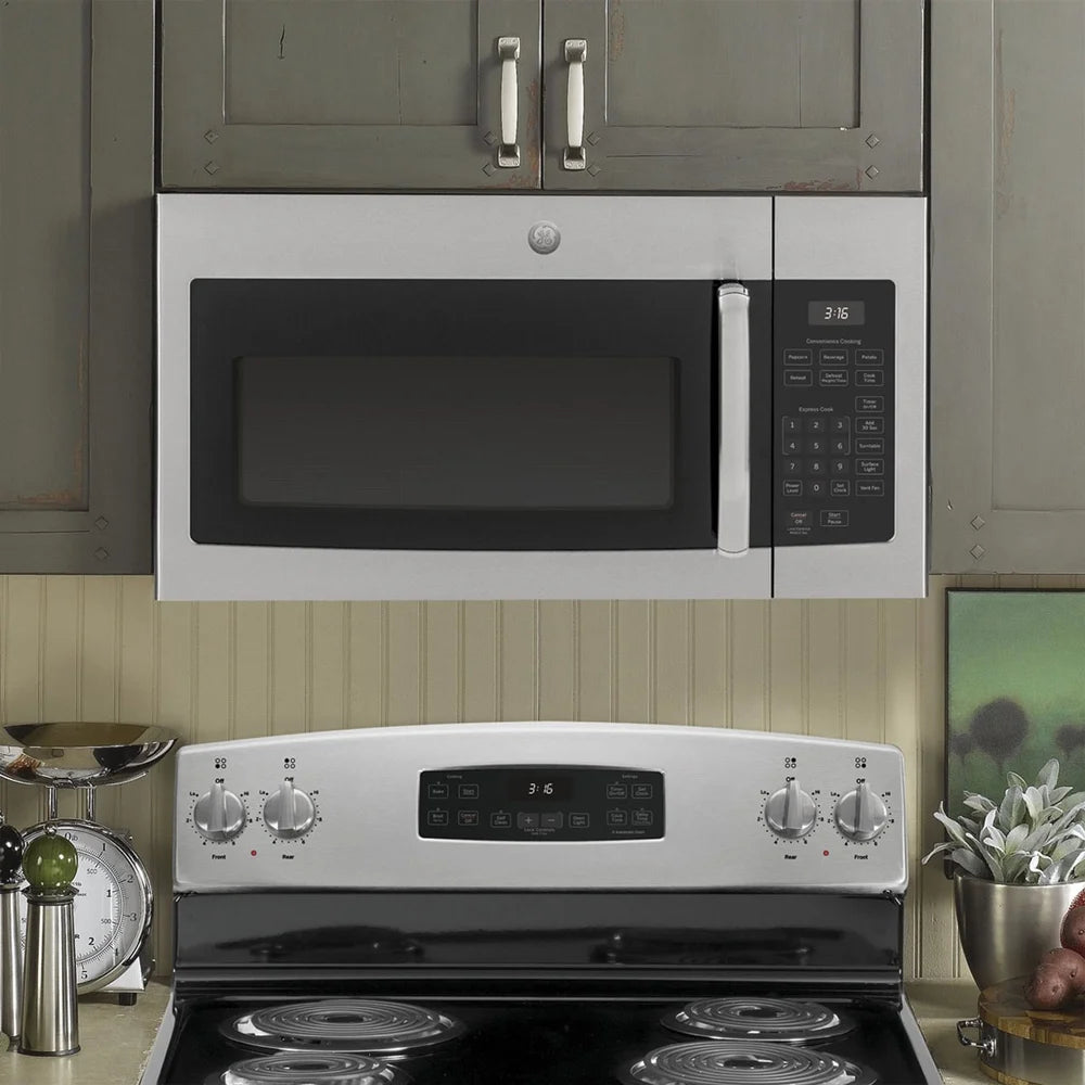 GE JVM3160RFSS 1.6 Cu. Ft. Over-the-Range Microwave Oven Stainless Steel Bundle with Deco Chef Pair of Red Heat Resistant Oven Mitt and 3 YR CPS Enhanced Protection Pack