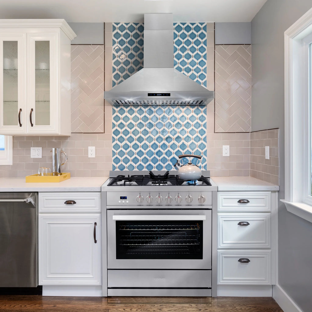 Cosmo 4 Piece Kitchen Appliance Packages with 36" Freestanding 220/240V Dual Fuel Range 36" Under Cabinet Mount Range Hood 24" Built-in Dishwasher & French Door Refrigerator Kitchen Appliance Bundles