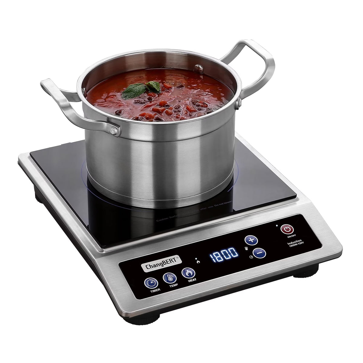 ChangBERT Induction Cooktop, Commercial Grade Portable Cooker, Large 8" Heating Coil, Premium Stainless Steel Countertop Burner 1800W, 10 Hours Timer
