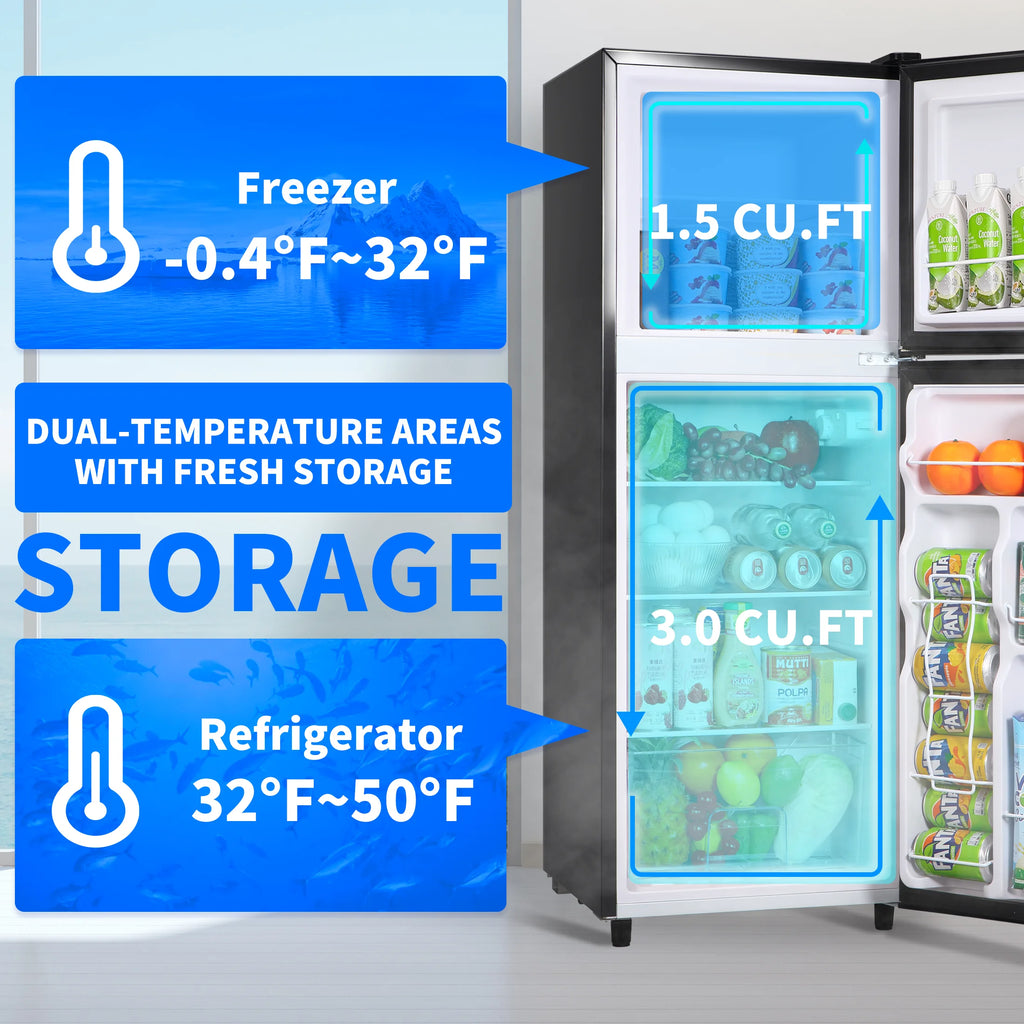 2 Door Mini Fridge with Freezer,4.5 Cu.ft.,5 Adjustable Thermostat & 4 Removable Glass Shelves