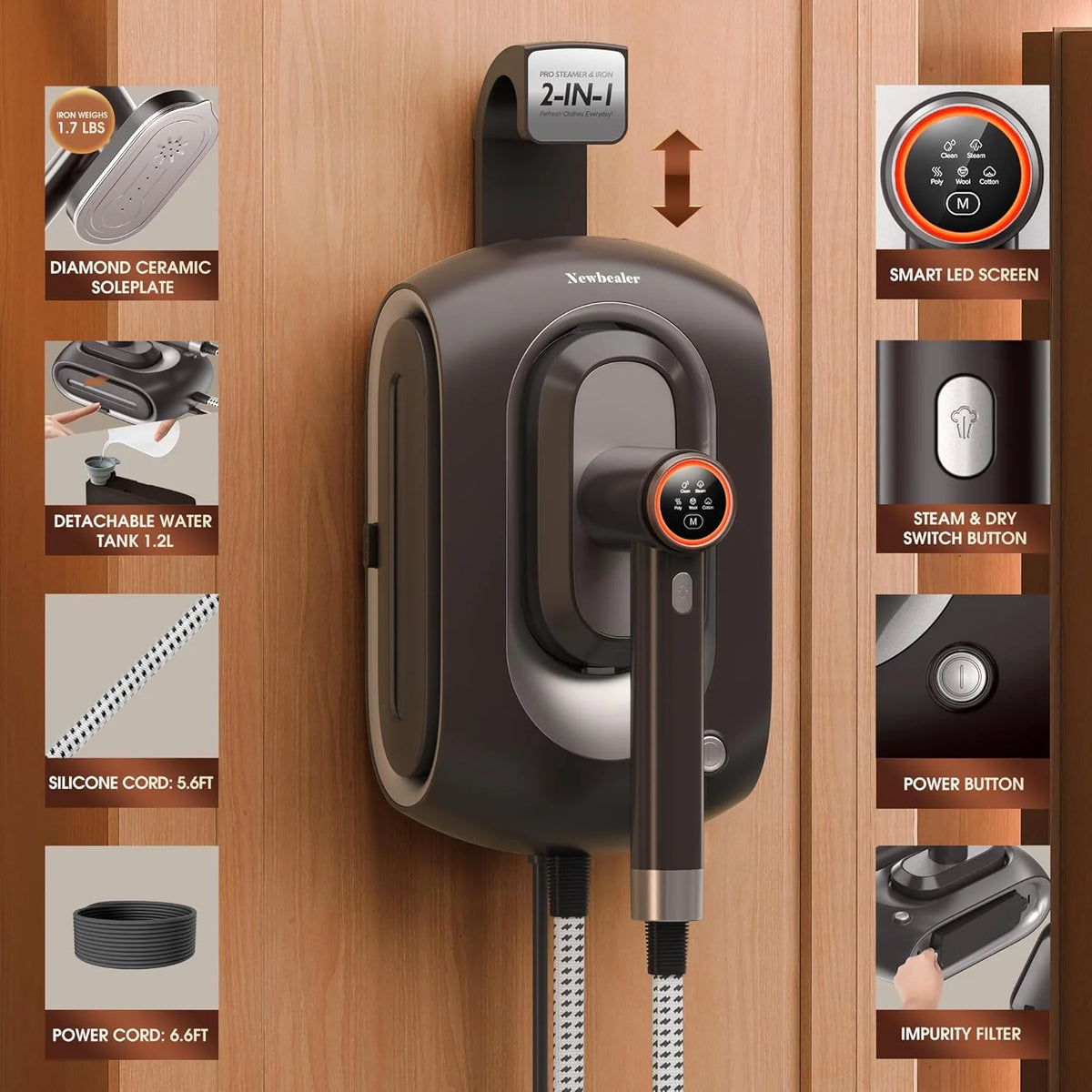 Newbealer Steamer for Clothes,2-in-1 1550W Turbocharged Garment Steamer & Iron ,3 Levels Smart Control Steaming,1.2L Detachable Tank,Auto Shut-Off,Self-Cleaning,Innovative Storage: Hang or Wall Mount
