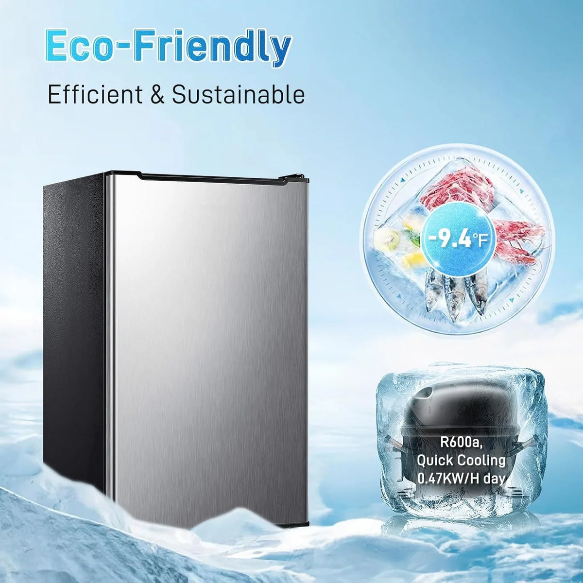 Kcpolre 3.0 Cu.ft Compact Upright Freezer, Mini Freezer with Adjustable Thermostat, Removable Shelves, Reversible Black Door, Ideal for Garage/Dorm/Office/Apartment/Kitchen, Black