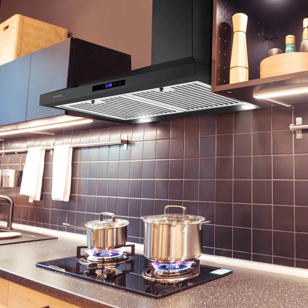 30 inch Wall Mount Range Hood Stainless Steel 350 Cfm Cooking Stove Vented LED Lamp 3 Speed Black