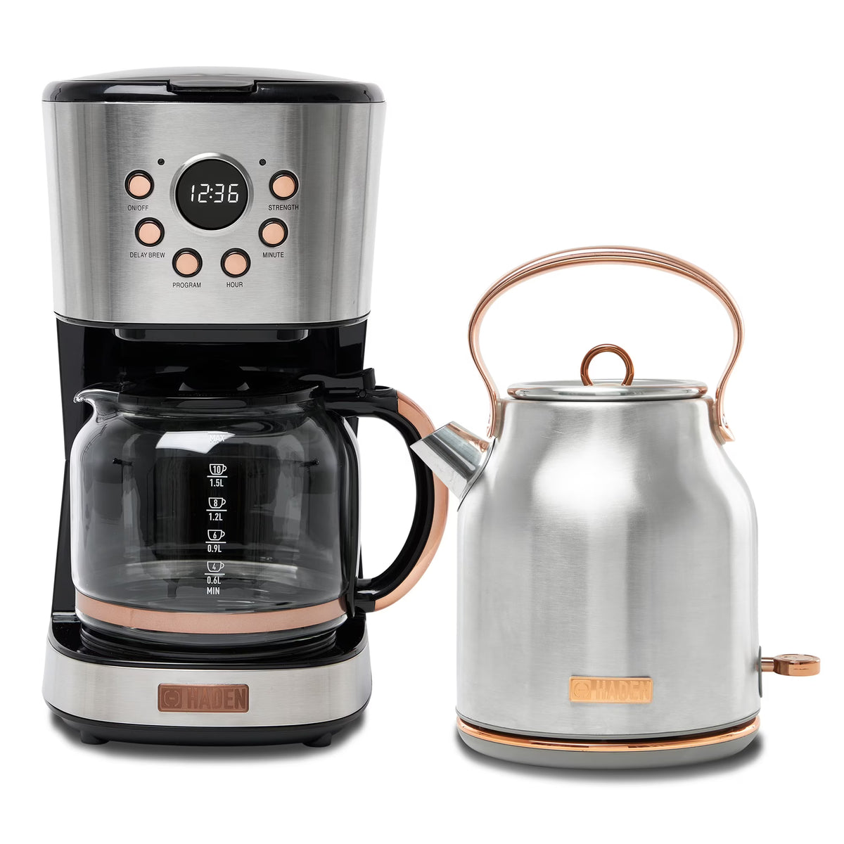 Haden Coffee Maker & Heritage 1.7 Liter Electric Kettle, Black & Chrome