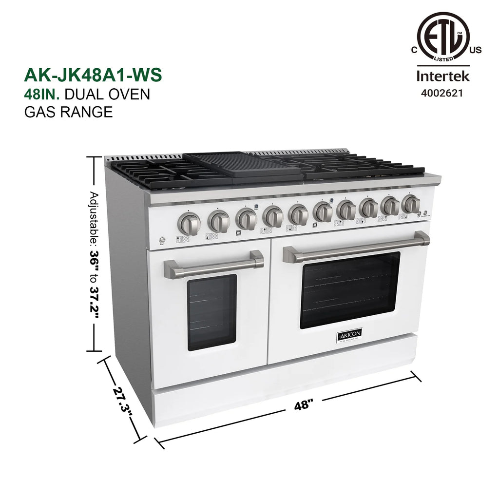 Akicon 48" Slide-in Freestanding Professional Style Gas Range with 6.7 Cu. Ft. Oven, 8 Burners, Convection Fan, Cast Iron Grates. White & Stainless Steel