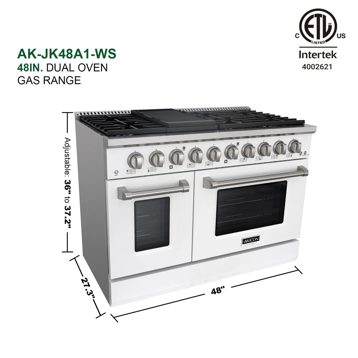 Akicon 48" Slide-in Freestanding Professional Style Gas Range with 6.7 Cu. Ft. Oven, 8 Burners, Convection Fan, Cast Iron Grates. White & Stainless Steel