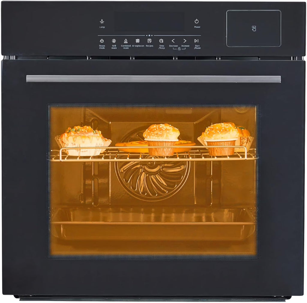 Single Wall Oven 24", Built-in Electric Ovens with Steam&Grill&Air Frying Mode, 3000W, 240V, 2.5Cu.ft Convection Built-in Oven, Stainless Steel, Touch Screen