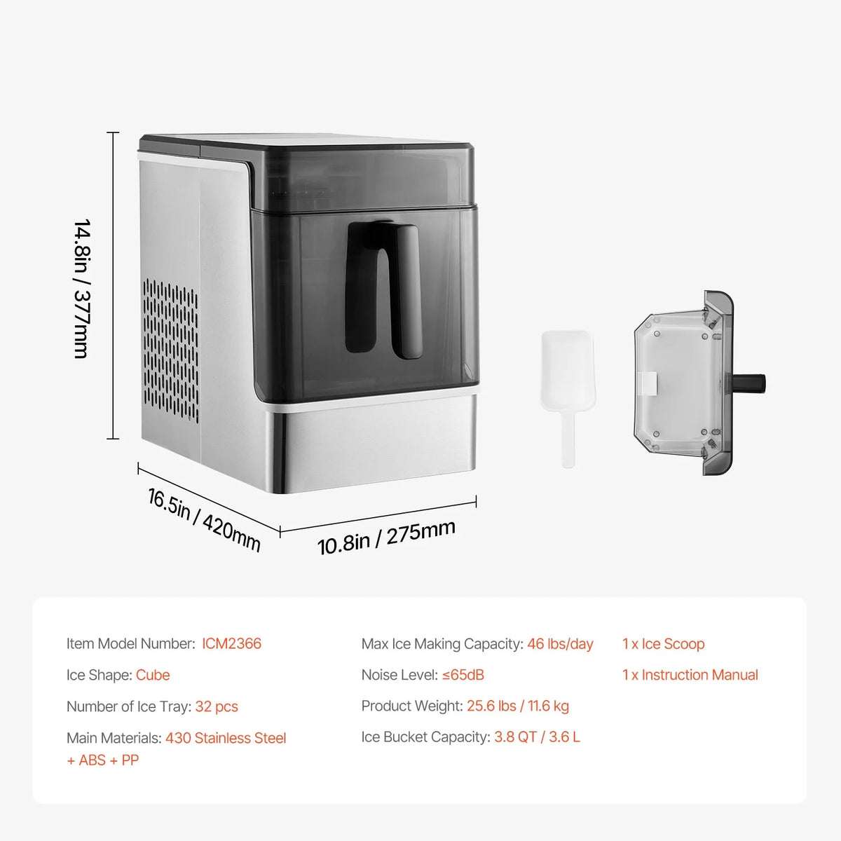 KFFKFF Tabletop Ice Cube Machine, Produces 32 Ice Cubes in 15 Minutes, 46lbs Daily Output, Self-Cleaning and Portable, Easy Ice Transfer, 3 Different Ice Cube Sizes, Ideal for Home, Kitchen, Office
