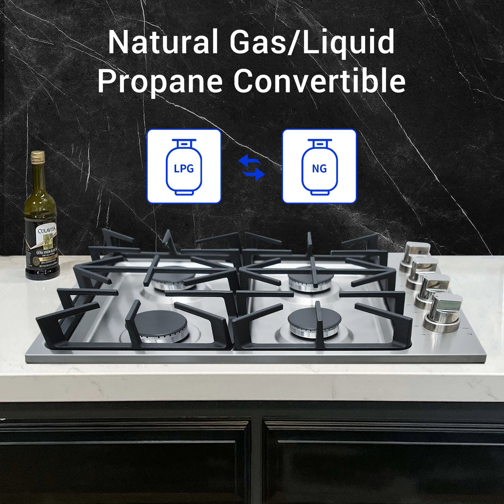 SINDA 30 Inch Gas Cooktop With Four Sealed Burners, NG/LPG Convertible, in Stainless Steel