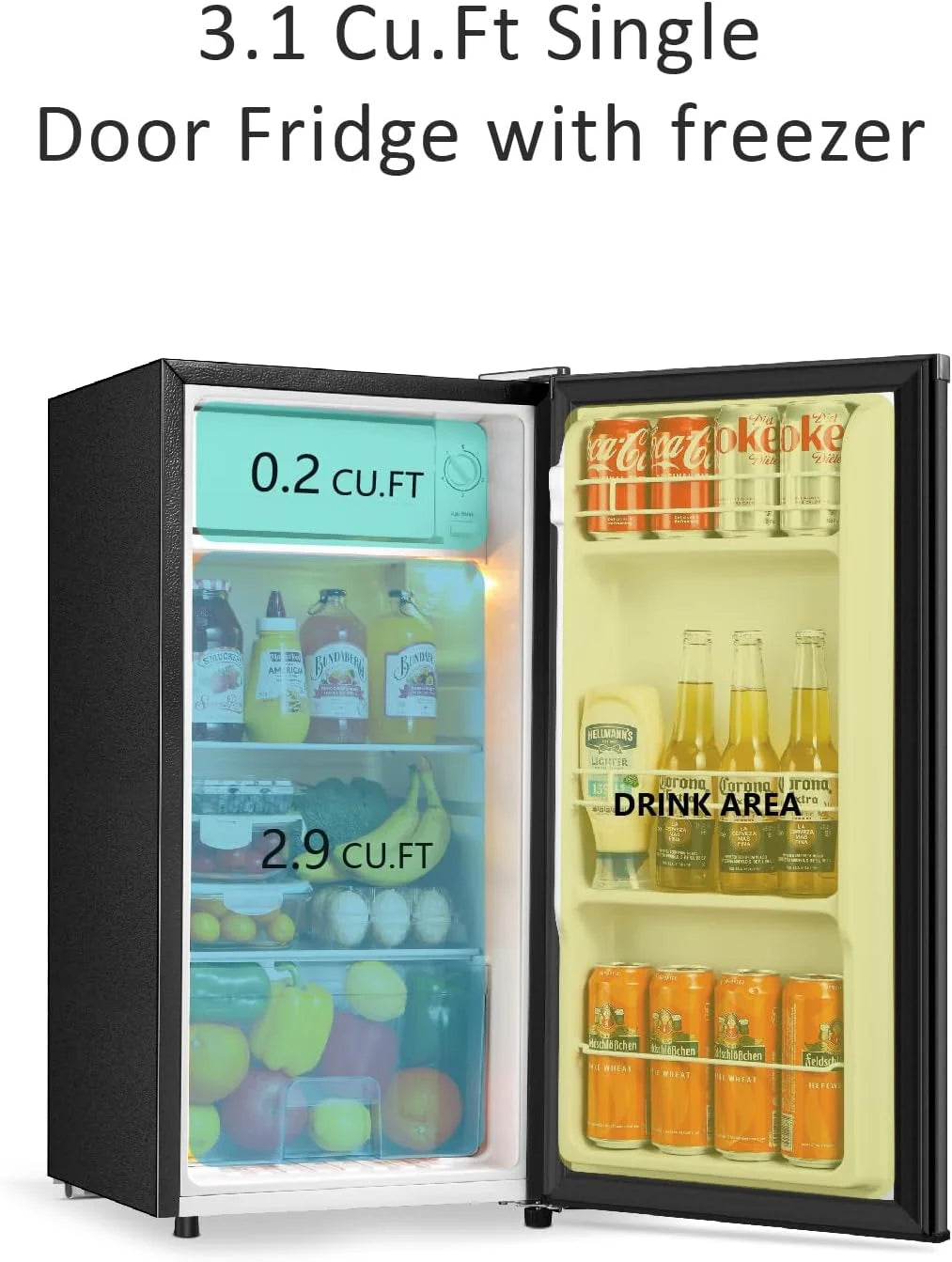 Seaoola Mini Fridge with Freezer, Single Door 4.4 Cu.Ft, Compact Mini Refrigerator, LED Light, Adjustable Thermostat, Removable Glass Shelves, Small Refrigerator for Dorm/Office/Bedroom(Black)