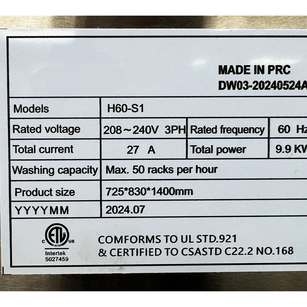 NSF 28 in. Single Rack Door Type Dishwasher, High Temp with Booster, 3-phrase 240V Freestanding Washer