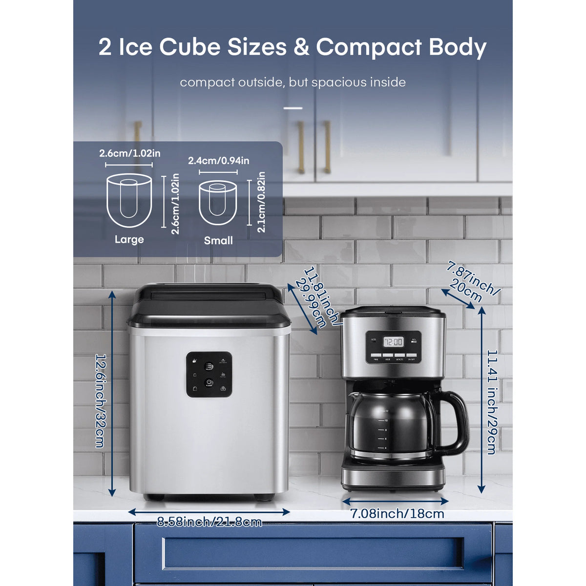 Stainless Steel Ice Makers Countertop 30lbs in 24h, 9 Bullet Cubes in 5 Mins, 2 Sizes, Self-Clean, FOHERE