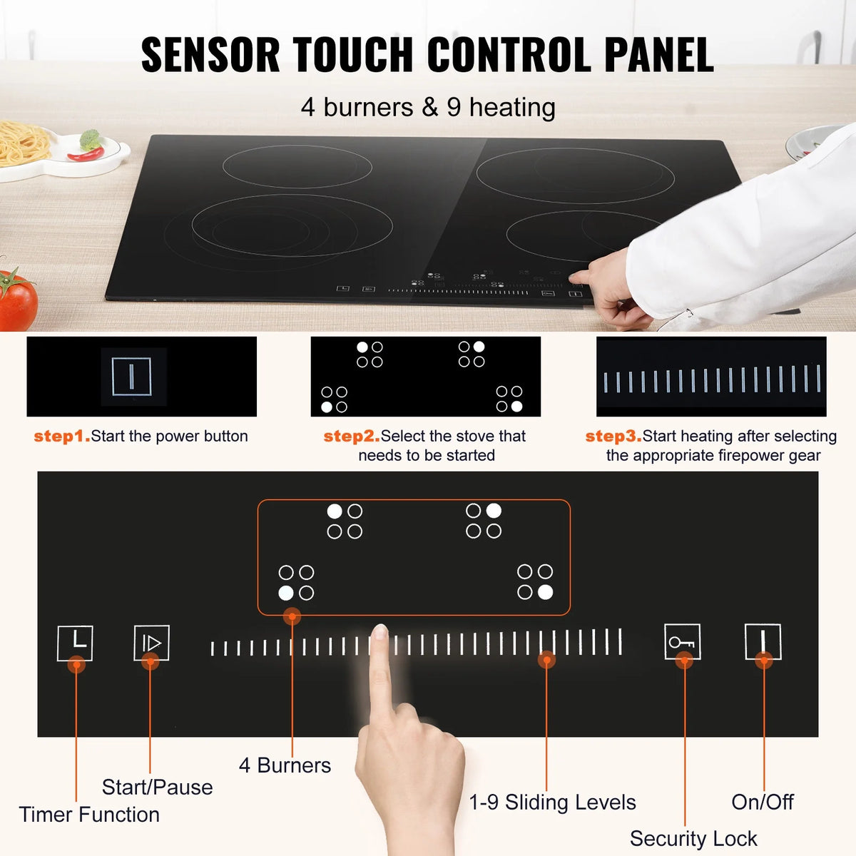 KFFKFF Electric Ceramic Cooktop, 23" 6000W 4 Burners Built-in Countertop Burners Cooker Touch Sensor Control, Overheat Protection, Child Lock, 220-240V (NO Plug)