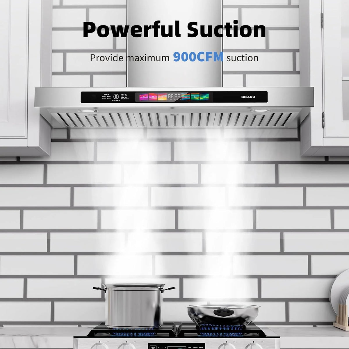 BRANO 30 Inch Wall Mount Range Hood Stainless Steel 900 CFM with Voice/Gesture/Touch Control, 4 Speed Exhaust Fan