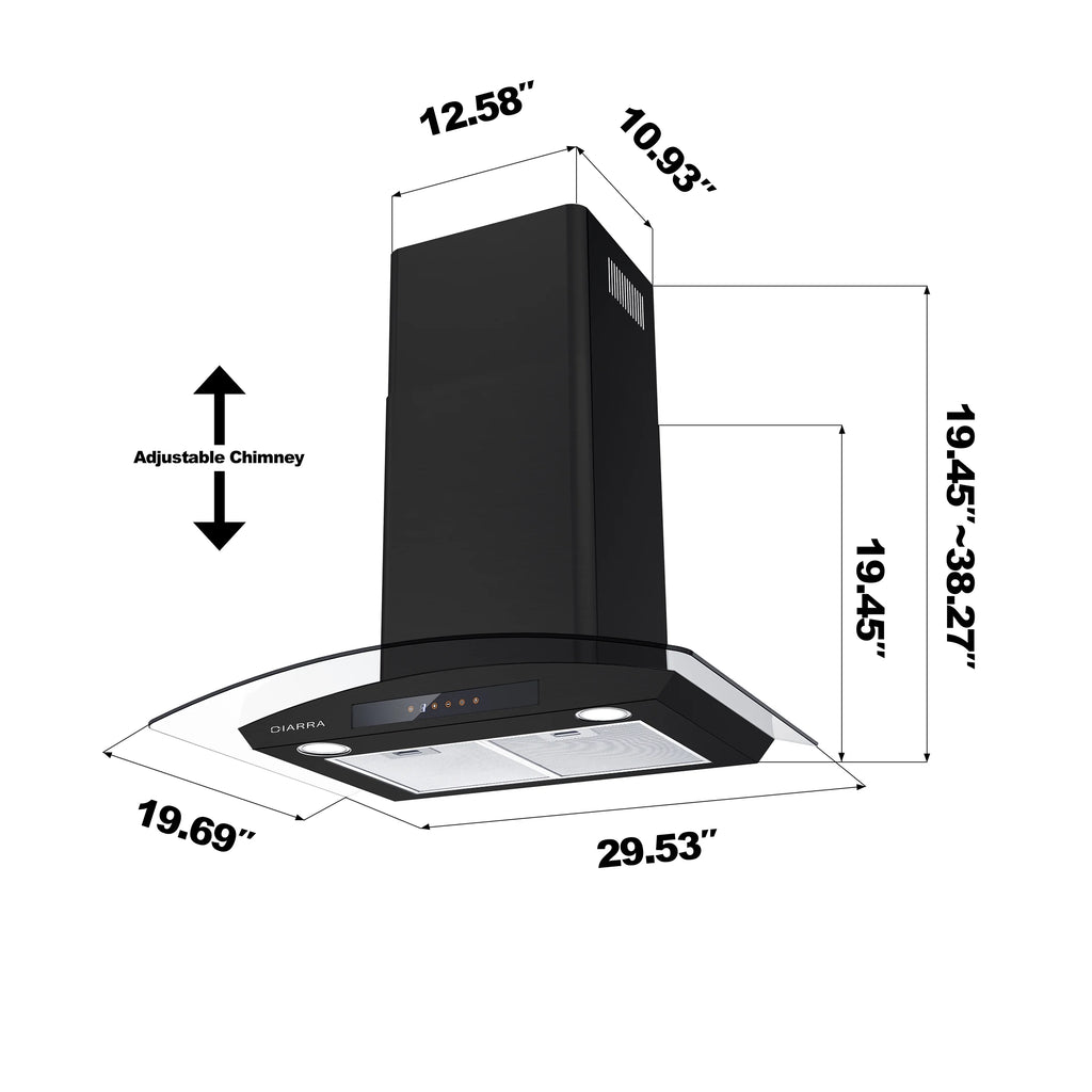 CIARRA Wall Mount Range Hood 30 inch with Tempered Glass 450 CFM Kitchen Vent Hood Ductless Ducted Convertible CAS50275