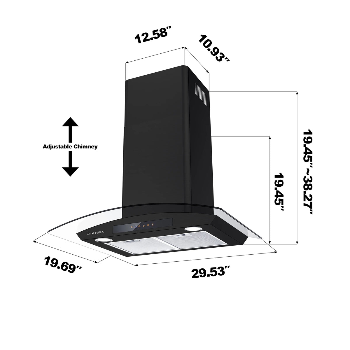 CIARRA Wall Mount Range Hood 30 inch with Tempered Glass 450 CFM Kitchen Vent Hood Ductless Ducted Convertible CAS50275