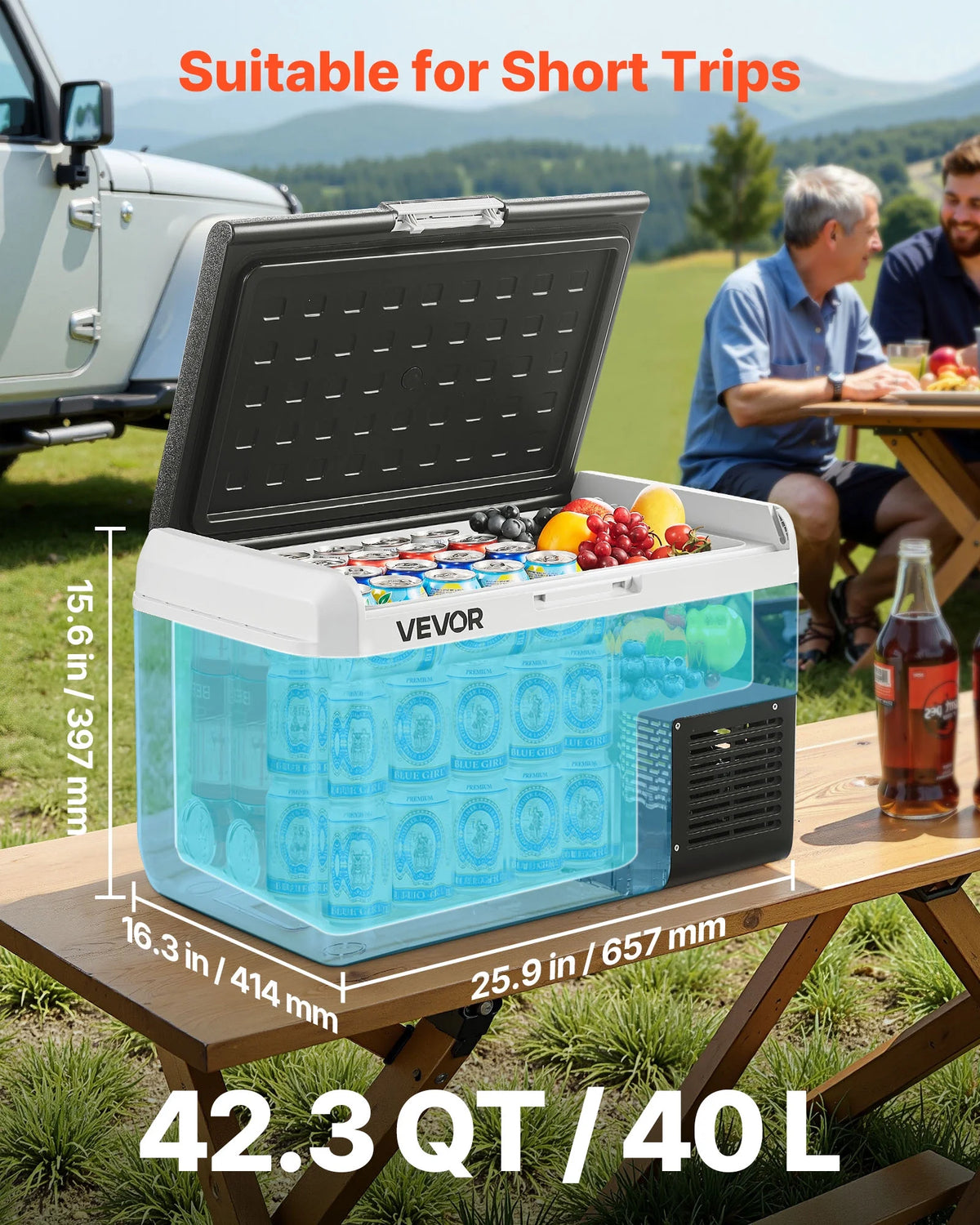 VEVOR Portable Car Refrigerator 42 Qt, 12V Portable Freezer with Single Zone, 12/24V DC & 110-240V AC Electric Cooler with -4℉-68℉ Cooling Range, for Car Truck Vehicle RV Boat Outdoor & Home use