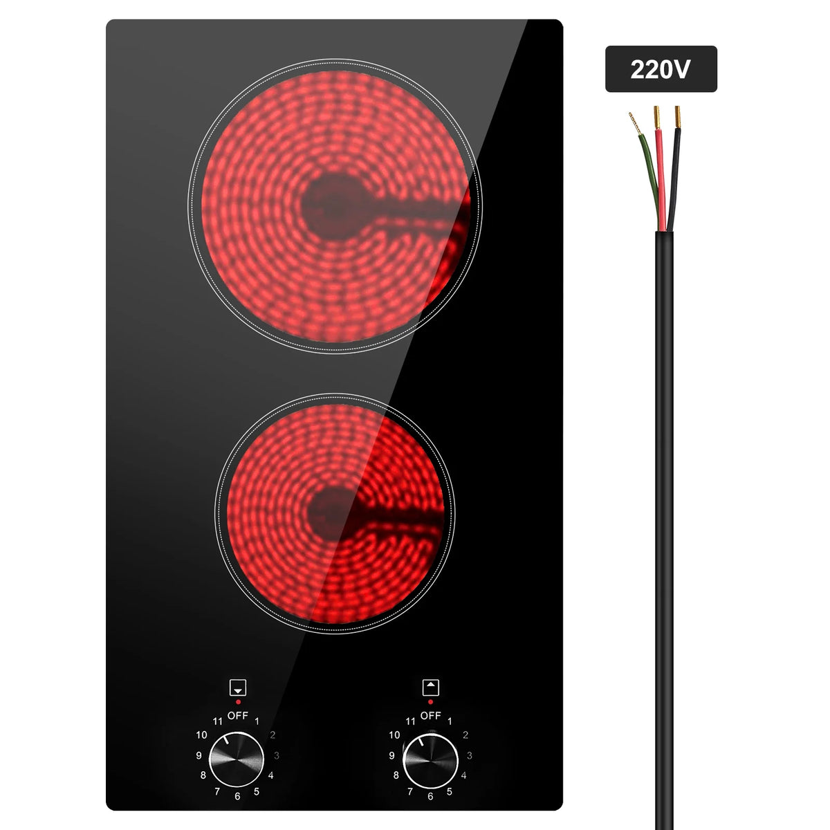 KFFKFF Built-in 2 Burner Electric Cooktop, 12" Electric Range, 3000W Electric Stove Top with Smooth Ceramic Surface, Rotary Dial, 11 Temperature Settings, 220-240V, Direct Wiring Required