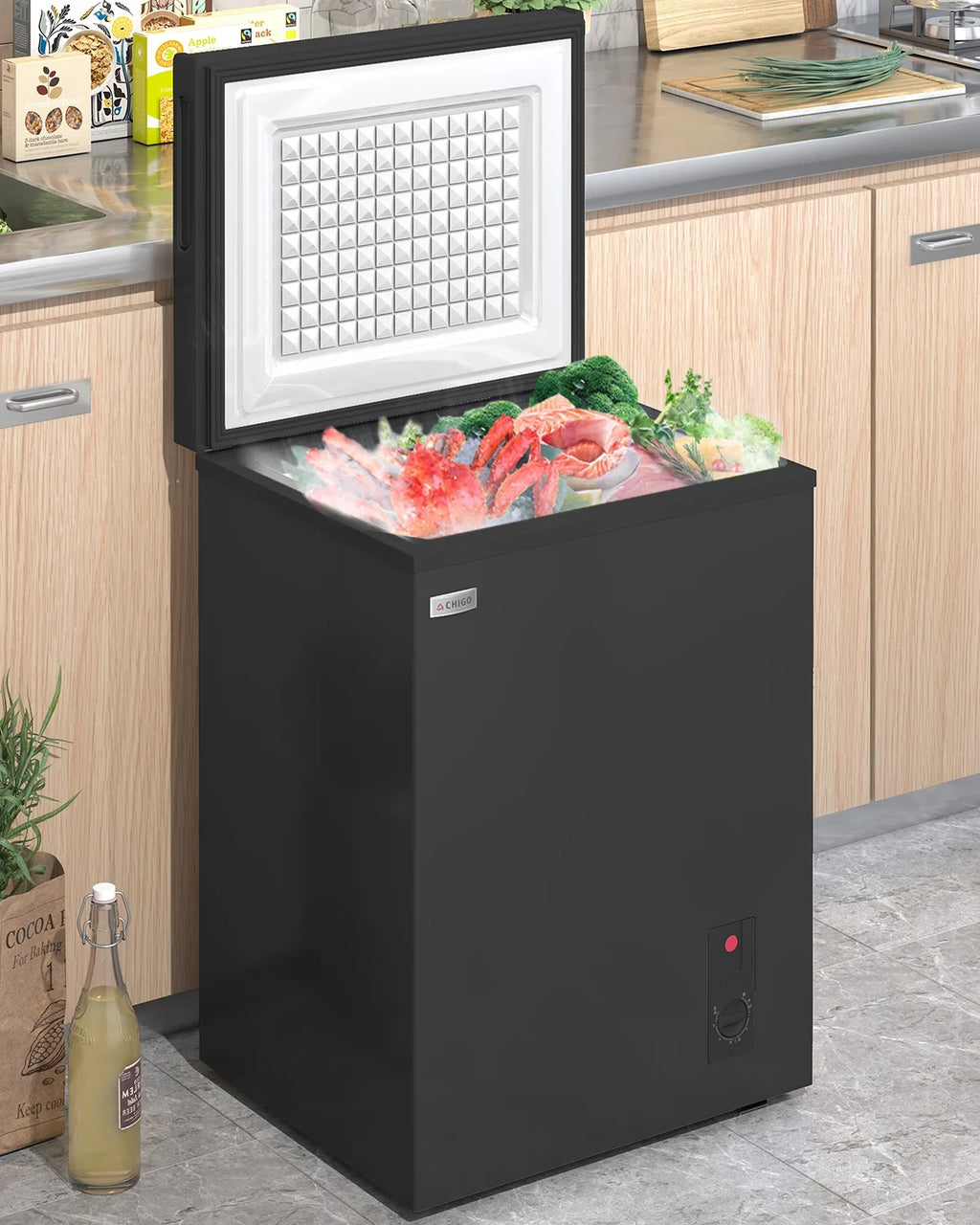 Muhub 3.5 Cu ft Deep Freezer with Adjustable Temperature, Removable Storage Basket,Top Open Door ,Black