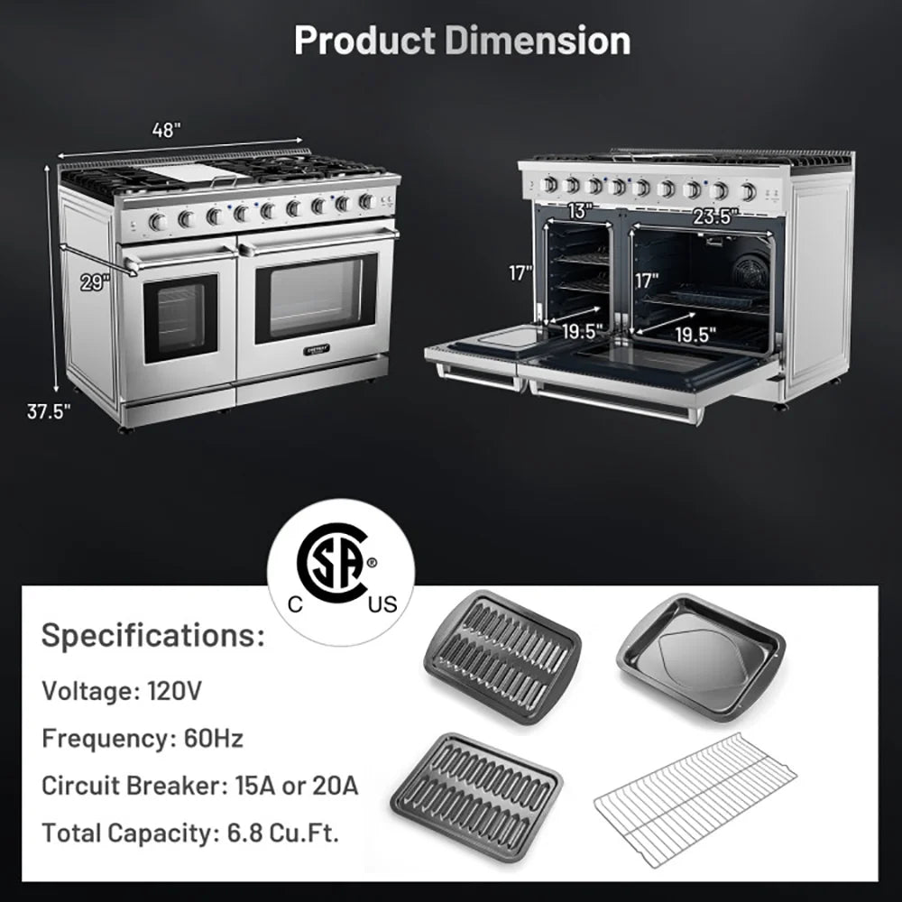 Spaco 48 Inches Freestanding Natural Gas Range with 7 Burners Cooktop, Gas Cooktop for Kitchen, Stainless Steel