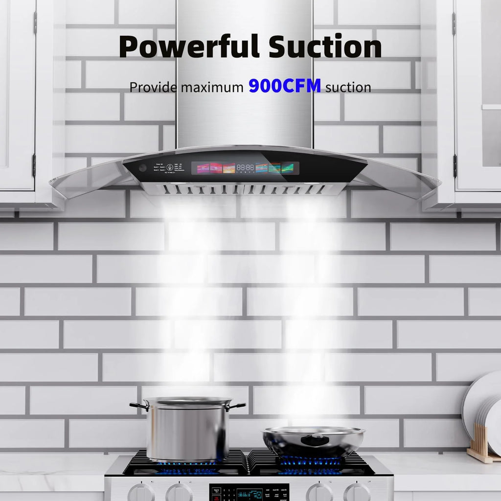 BRANO 30 inch Wall Mount Range Hood 900 CFM, Voice/Gesture/Touch Control, Stainless Steel Kitchen Hood Vent with 4 Speed Exhaust Fan, Adjustable Lights, Memory Mode