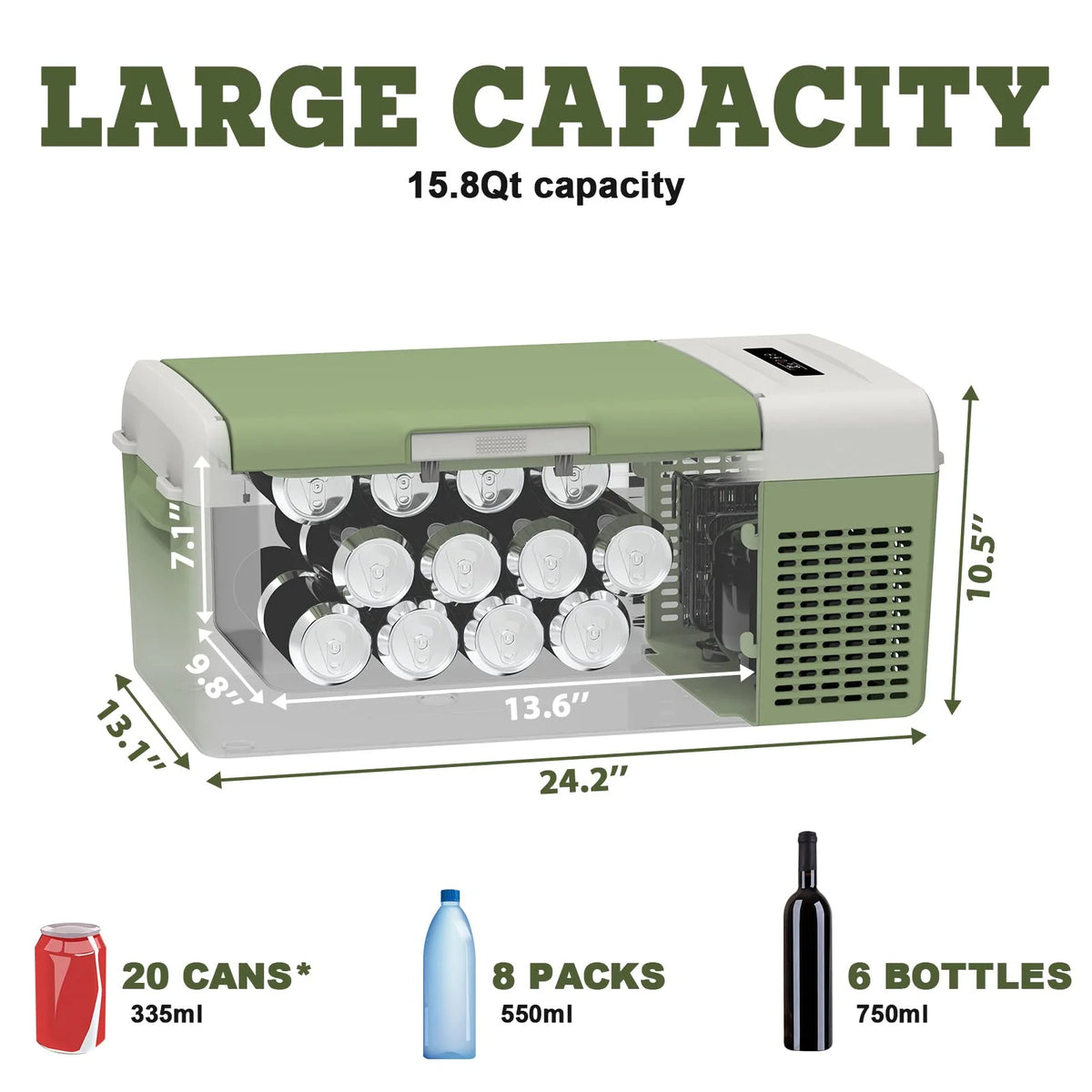 Setpower FC15 12V Portable Refrigerator with AC Adapter, 15.8 Quart Car Freezer Fridge for Camping, Fast Cooling, -4a??-68a??, 3-Year Warranty, Car, RV, Truck, Home and Outdoor Use, DC & AC, Green