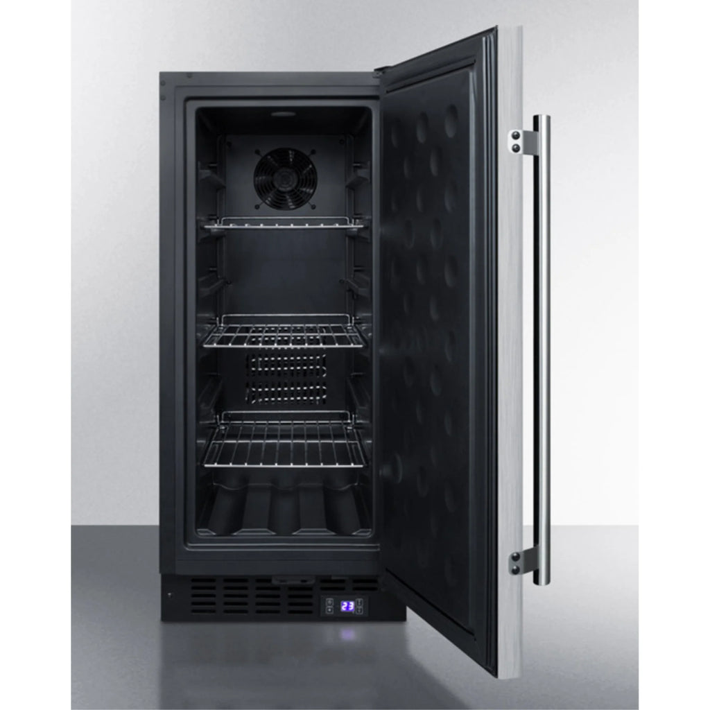 15" wide frost-free freezer for built-in or freestanding use, with integrated door frame to accept overlay panels