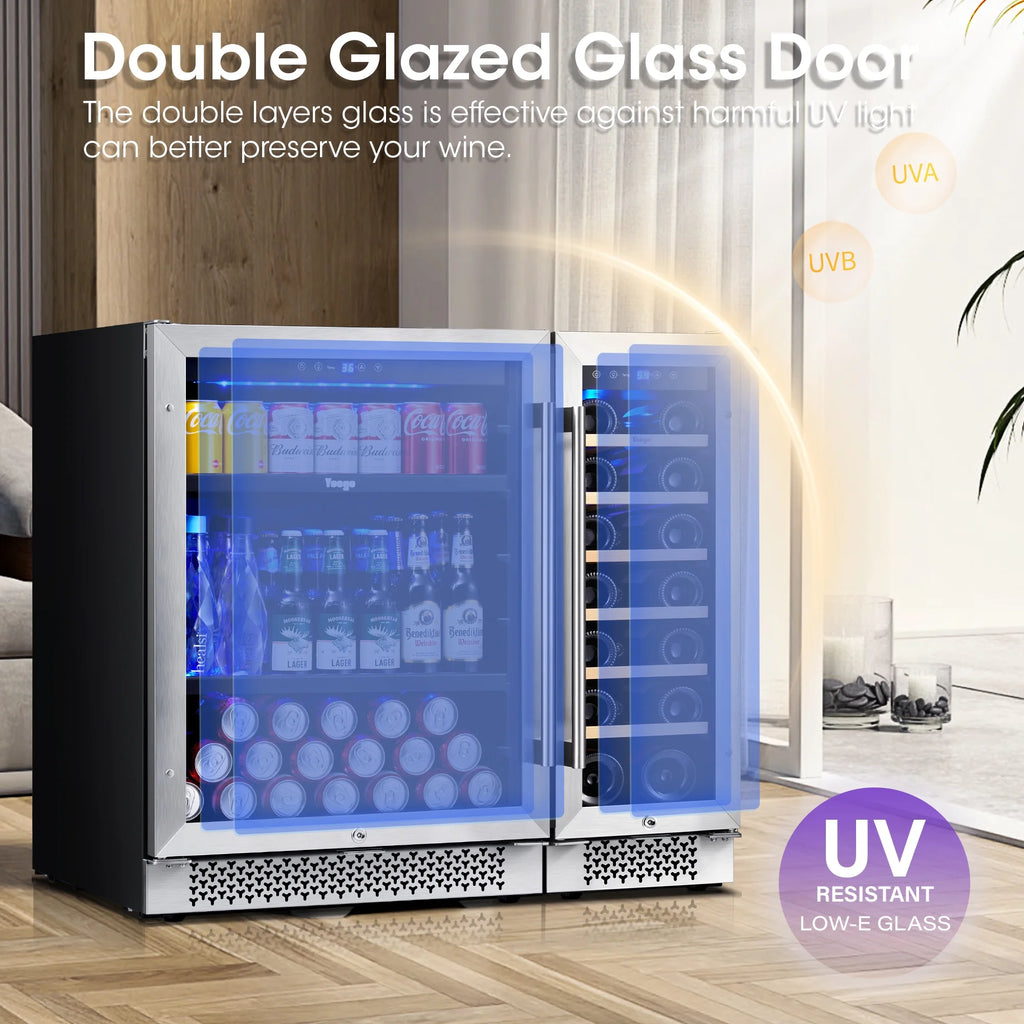 Yeego 30" Wine and Beverage Refrigerator,Two 15" Wine and Beverage Cooler Under Counter or Freestanding, Hold 33 Bottles and 80 Cans(Two Pack)