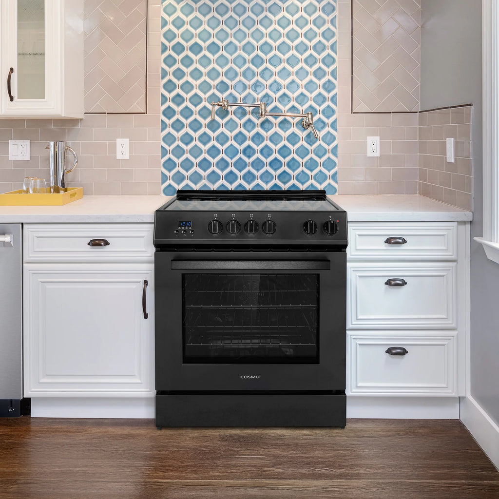 Cosmo 30 in. Stellar Collection 5.0 cu. ft. Electric Range, 4 Burners, Convection Oven in Matte Black