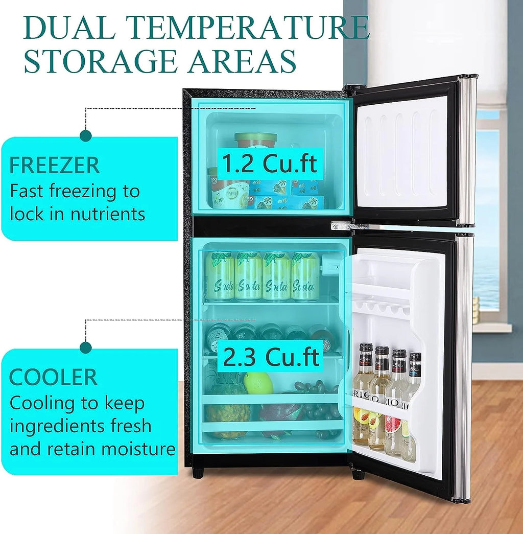 Harper & Bright Designs Double Door Mini Fridge with Freezer, 3.2 Cu.Ft Compact Refrigerator with Adjustable Shelf, Adjustable Thermostat and Reversible Door for Bedroom, Dorm, Home Office, White