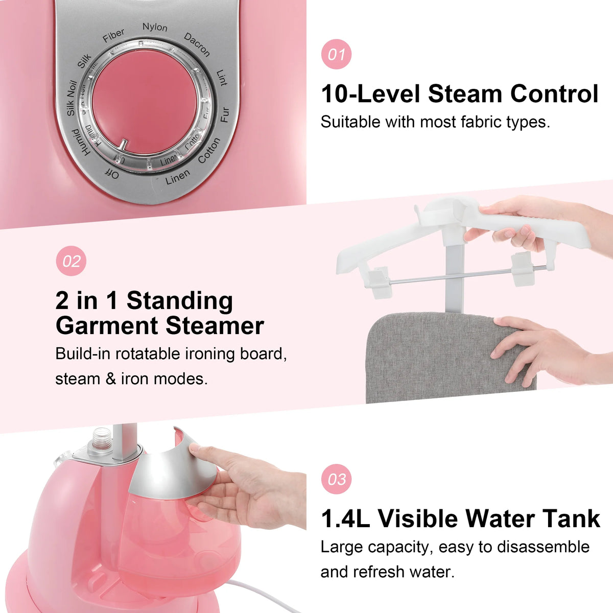 BEAMNOVA Standing Garment Steamer for Clothes, Professional for Home and Business Use Full-Size Clothing Steamer with Hanger & Ironing Board, Pink