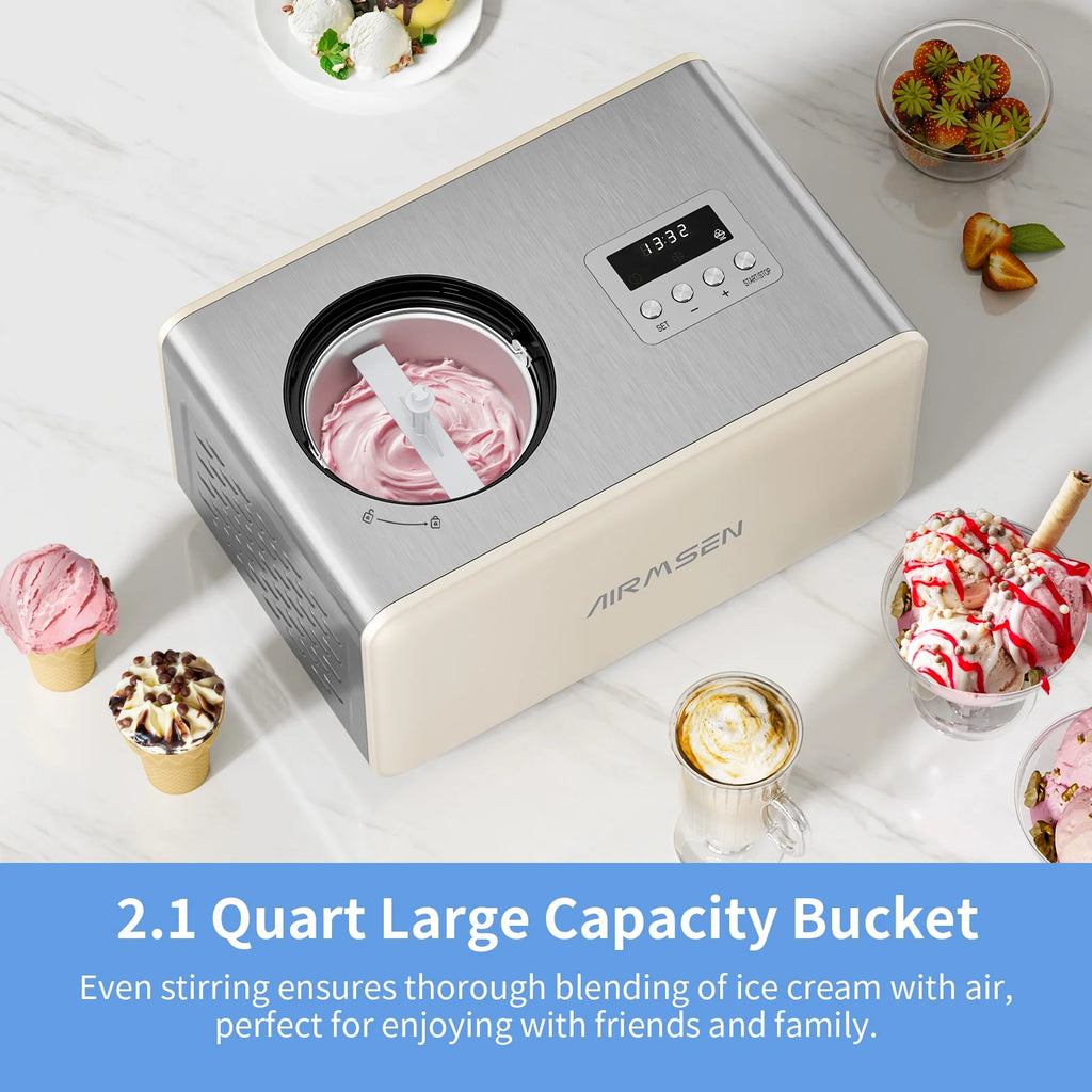 AIRMSEN 2.1 Qt Ice Cream Maker, No Pre-Freezing Electric Ice Cream Machine with Compressor and LCD Timer for Gelato, Frozen Yogurt, Sorbet, White