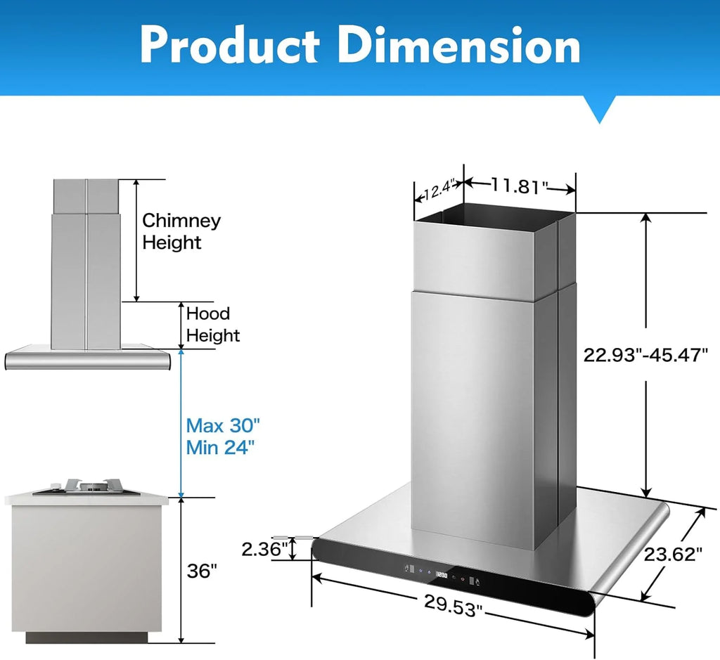 Island Range Hood 30 Inch 700 CFM kitchen Hood with Dual-Sided Touch Gesture Remote Control Ceiling Mount Convertible Ducted/Ductless 3-Speed Fan 3 Stainless Steel Baffle Filters