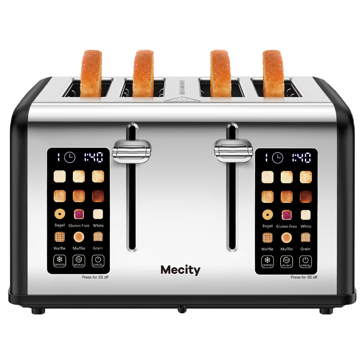 Mecity 4-Slice Touchscreen Toaster, Stainless Steel, 6 Browning Settings, Reheat, Cancel, Defrost, Removable Tray
